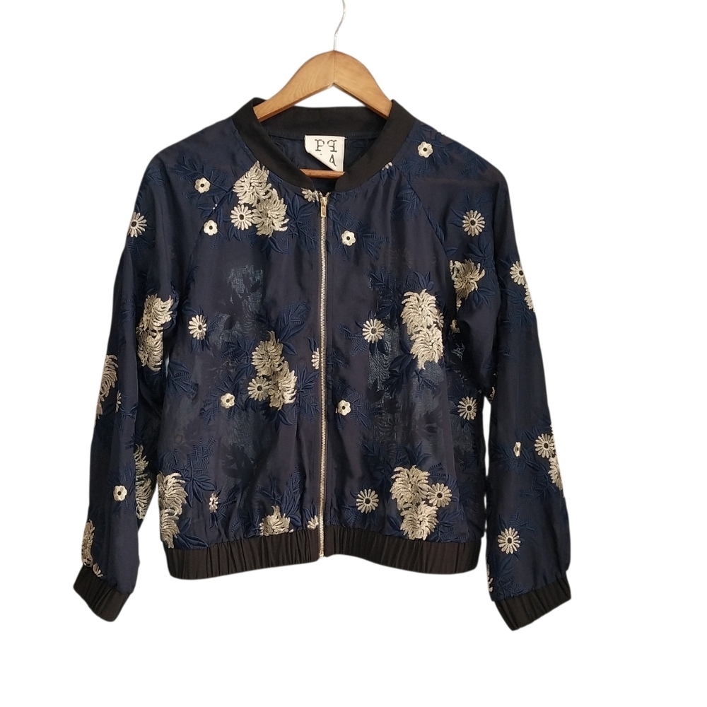 PPLA Starlit Woven Bomber Size Medium Mesh Navy Blue Embellished Zip Jacket - Picture 2 of 12